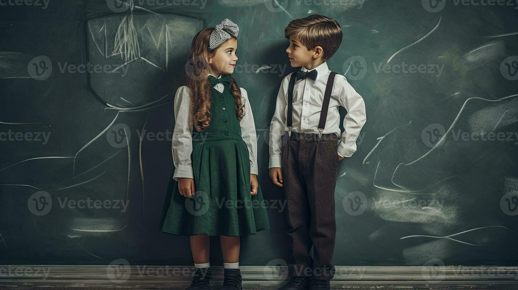 School pupil, boy and girl standing in front of black board. School children couple. Generated AI. photo