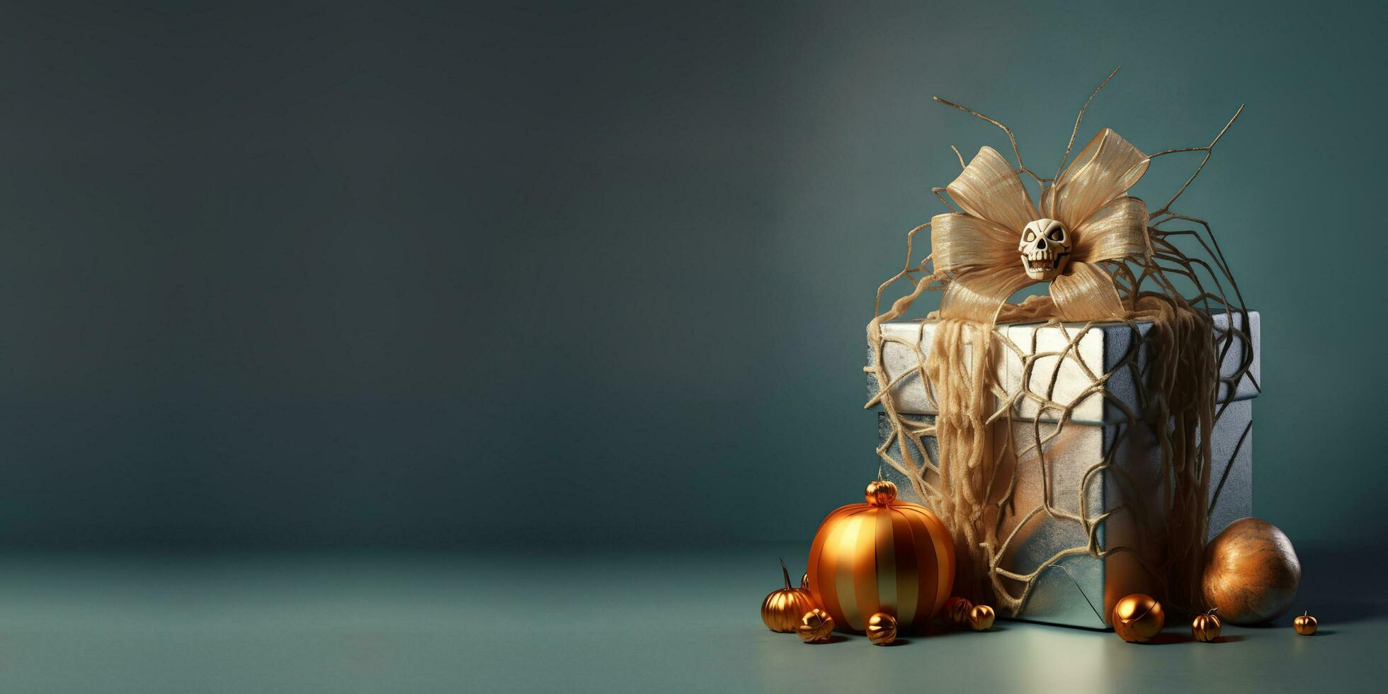 Halloween present box in horror style, bow with skeleton skull, wrapped spider web, gray shadow background with copy space. Gold orange pumpkins around. Holiday autumn shopping sales. AI Generated photo