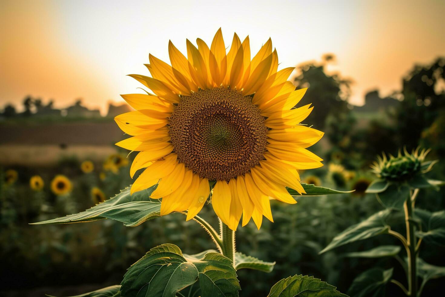 Single close up sunflower stands amidst countryside field, against sunset sky. Blurred background with other sunflowers and trees. Harvest concept. Realistic image. AI Generated. photo