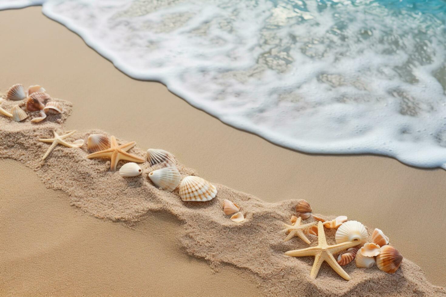 Seaside diagonal background with starfishes and seashells on beige sand and sea waves with foam. Sea summer holidays concept, vacation memories. AI Generated. photo