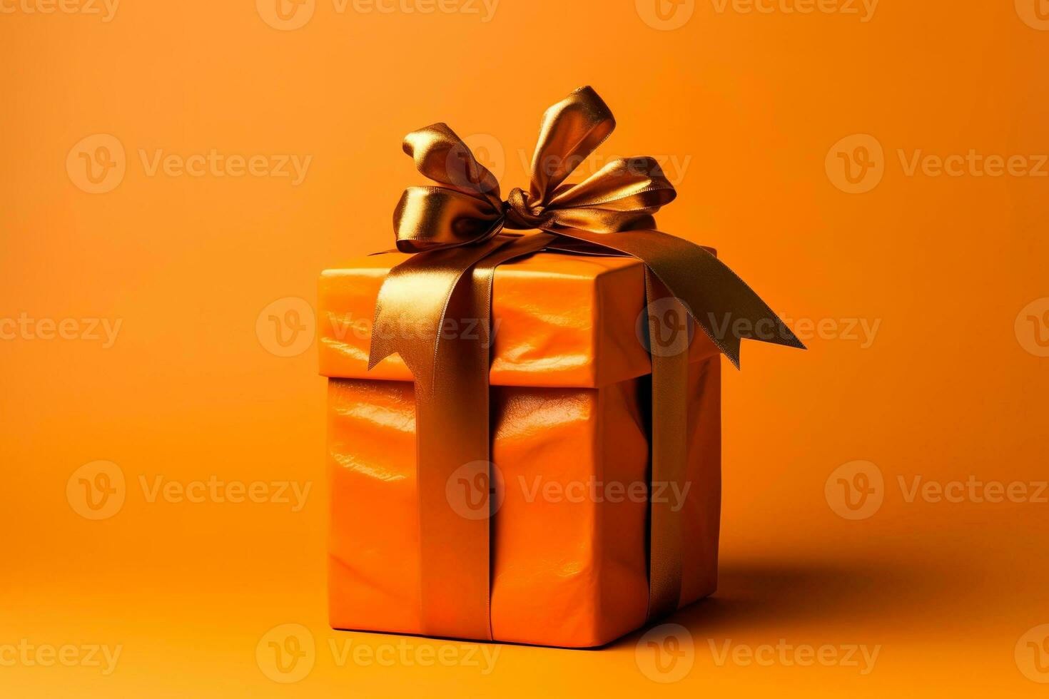 Halloween one orange present box with bronze ribbon and a bow, on orange background with place for text. Holiday autumn shopping, promotions and sales. Thanksgiving Day gift. AI Generated photo