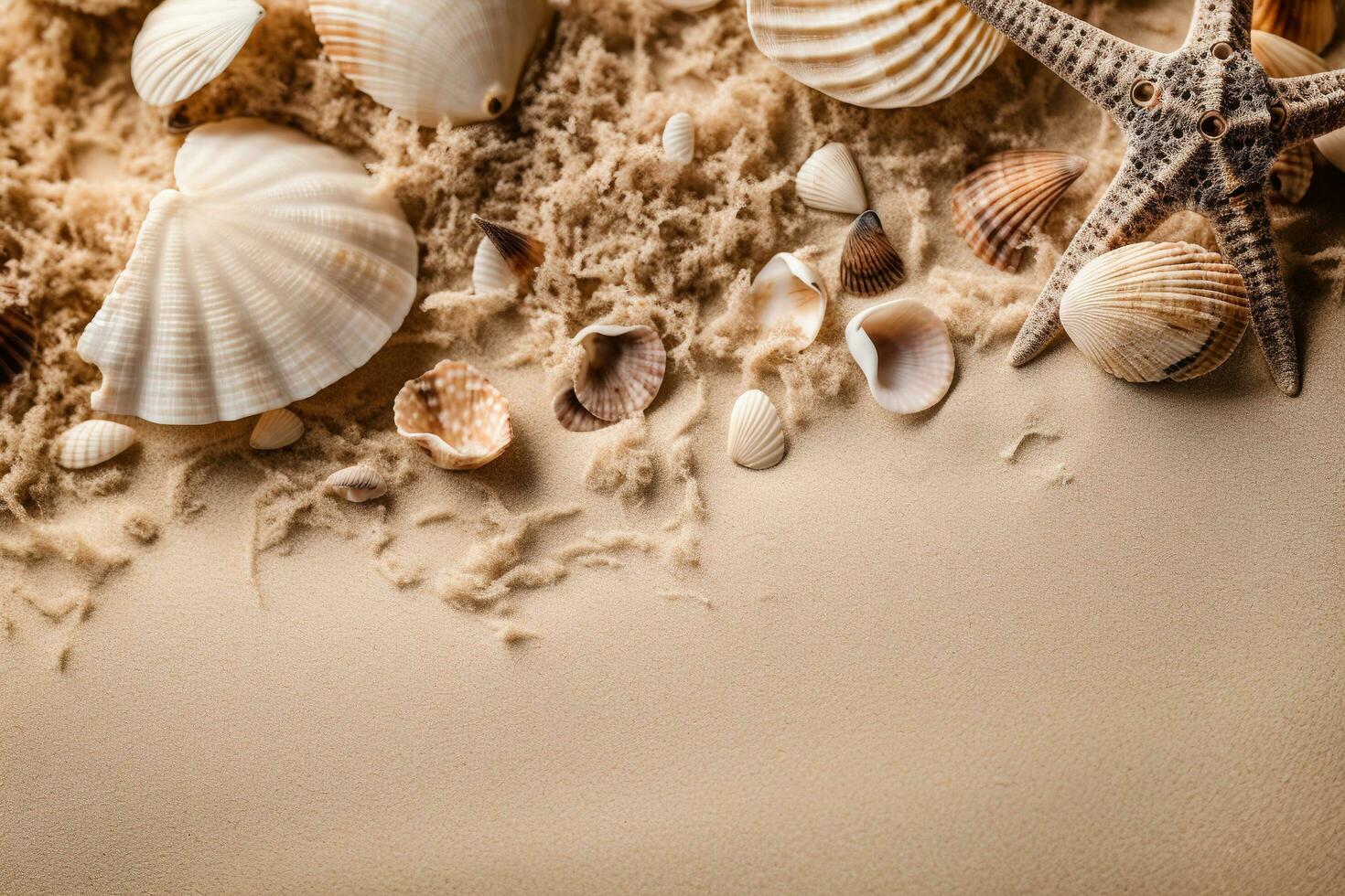 Summer beach background. Seashells, starfish and dry seaweed on beige sand. Top view, copy space for text at the bottom. Vacation memories flat lay. AI Generated photo