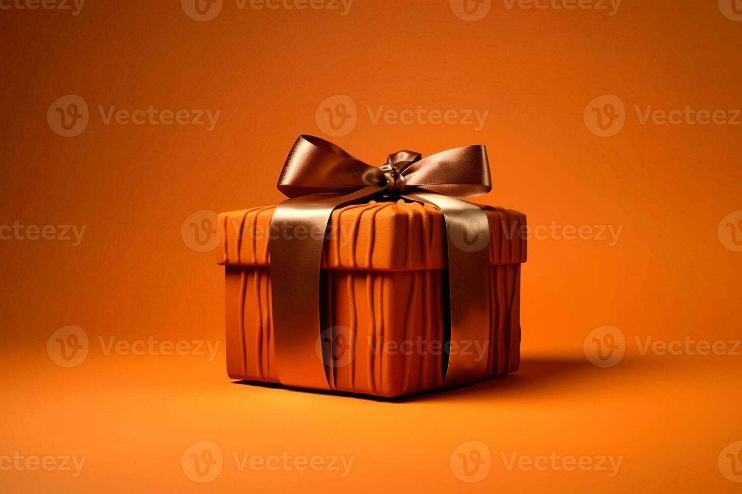 Halloween orange present box, wrapping paper in folds, bronze ribbon and a bow, on orange background with place for text. Holiday autumn shopping, promotions, sales. Thanksgiving Day. AI Generated photo