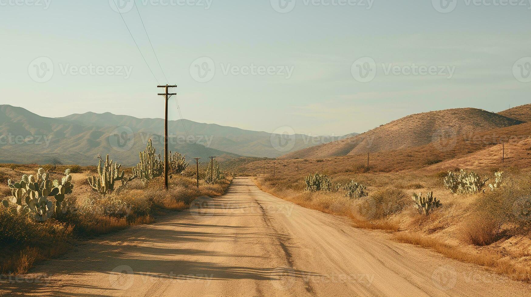 generativo ai, solitario la carretera en el desierto, estético, apagado neutral colores, cactus plantas foto