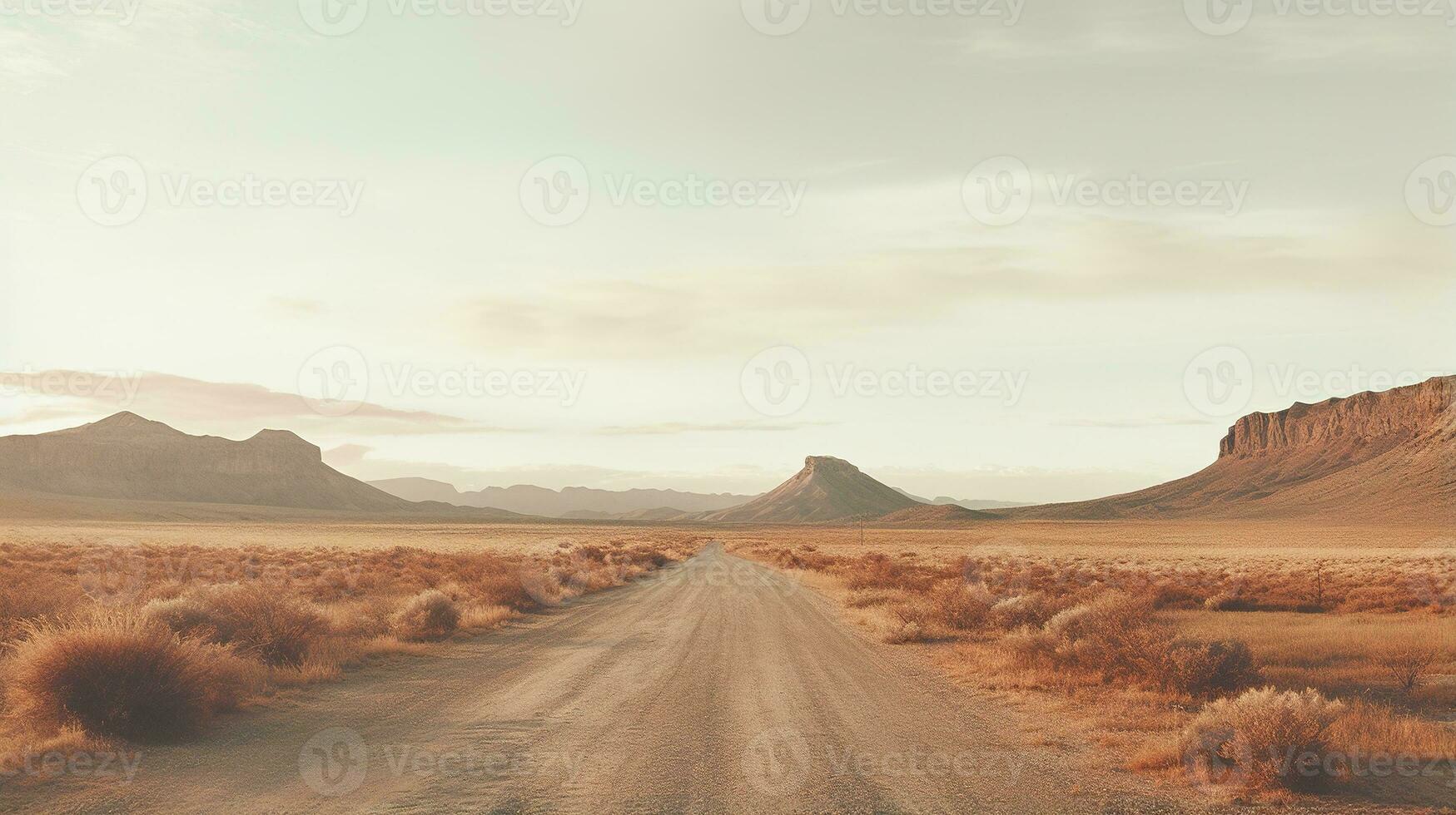 Generative AI, lonely road in the desert, aesthetic, muted neutral colors, cacti plants photo