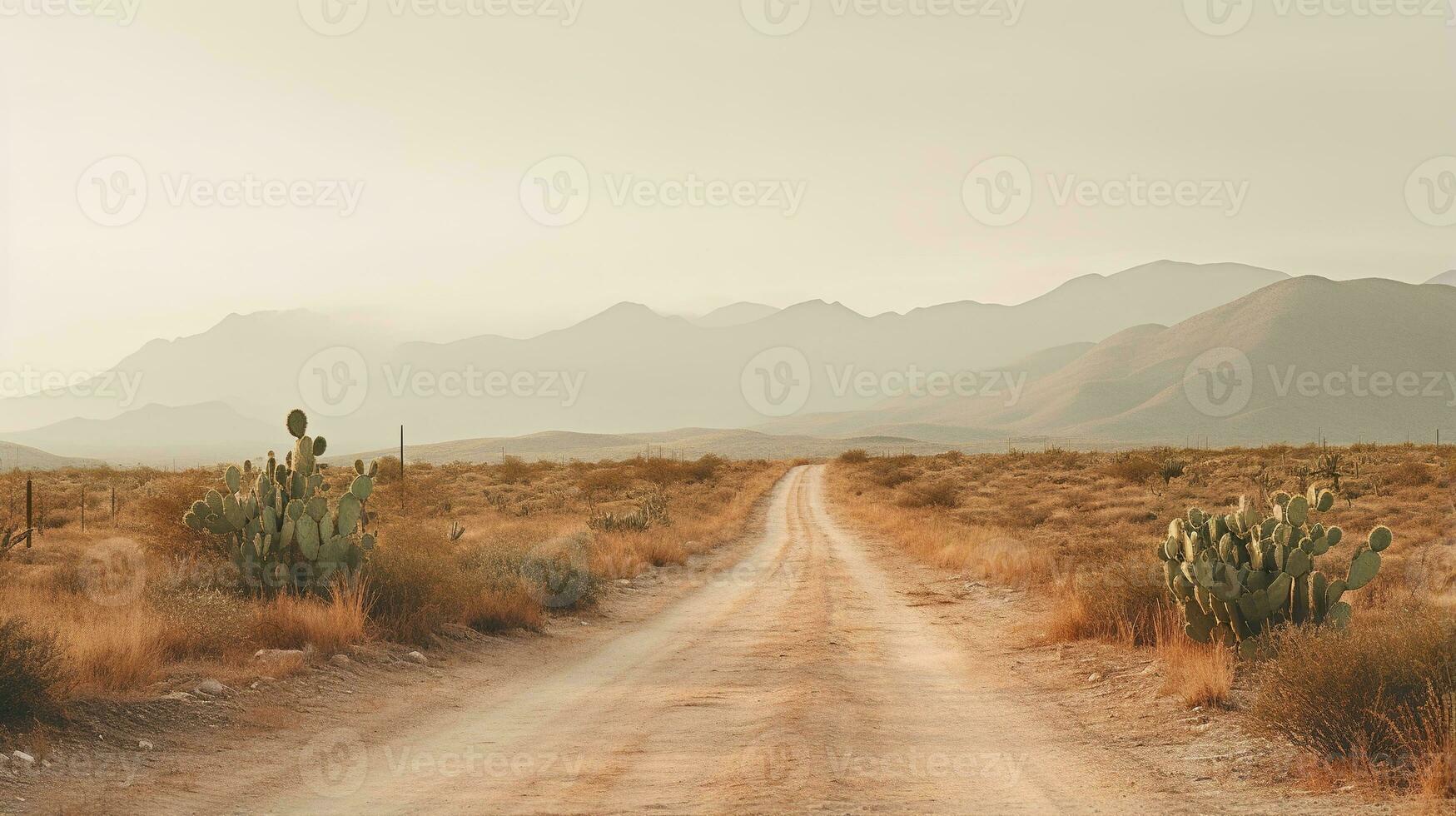 generativo ai, solitario la carretera en el desierto, estético, apagado neutral colores, cactus plantas foto