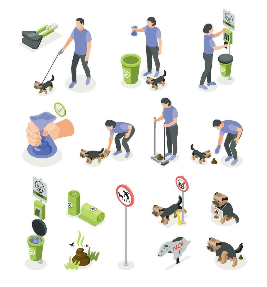 People Cleaning After Dogs Set vector