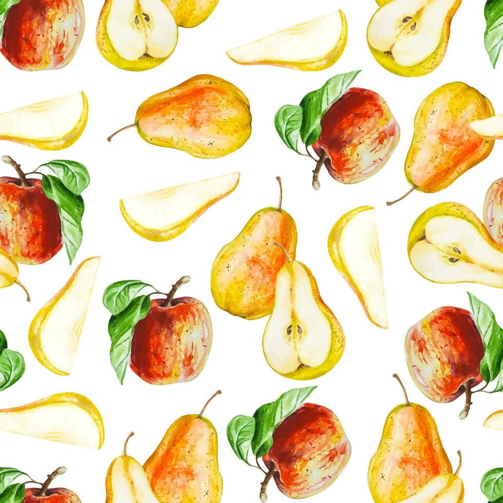 Watercolor seamless pattern with apples and pears autumn season vibe vector