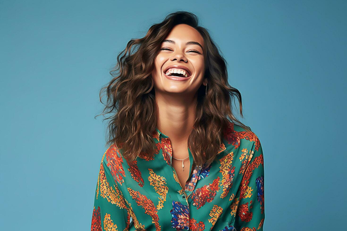 retrato de asiático mujer en elegante ropa ai generado foto