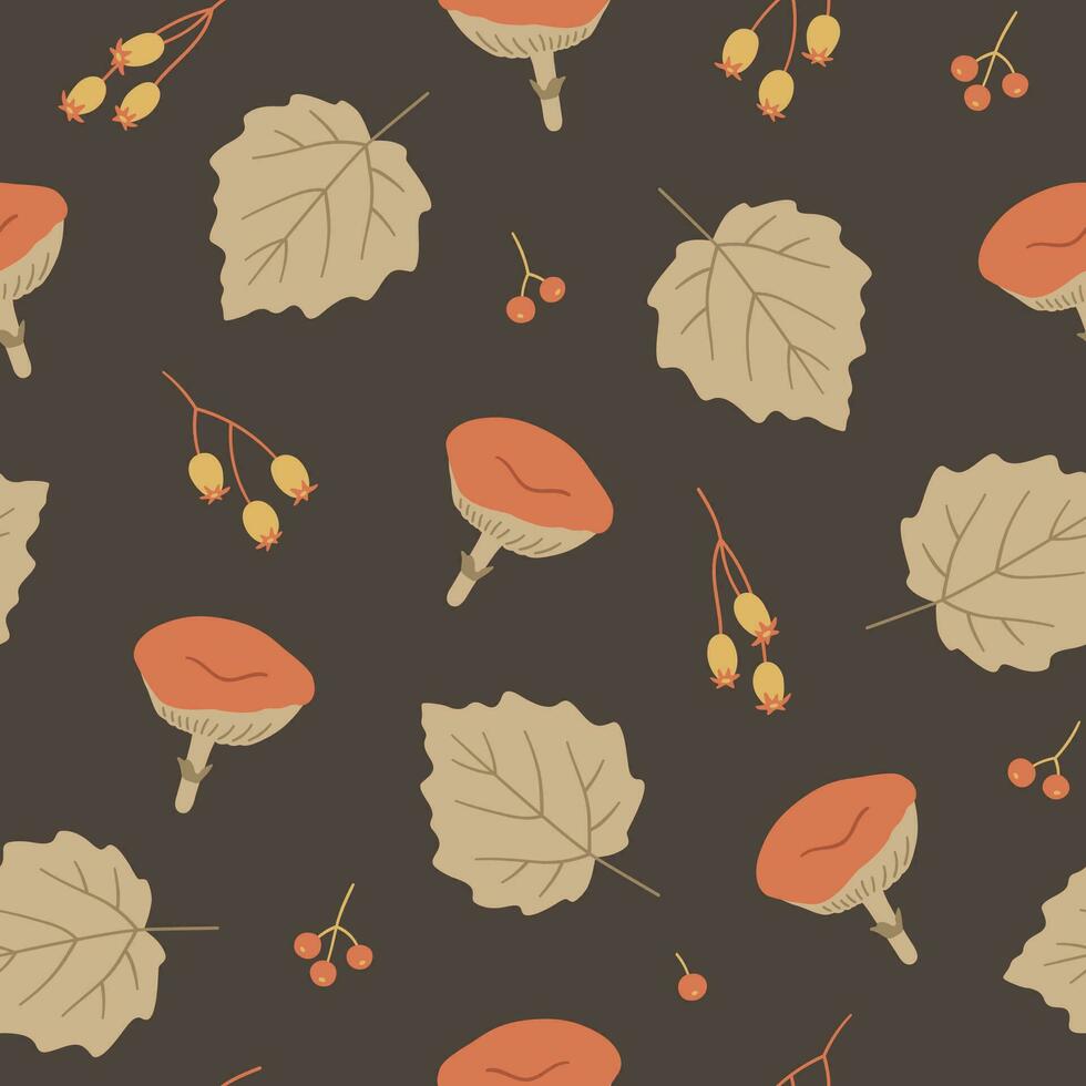 Seamless pattern with poplar leaves, mushrooms, berries. vector