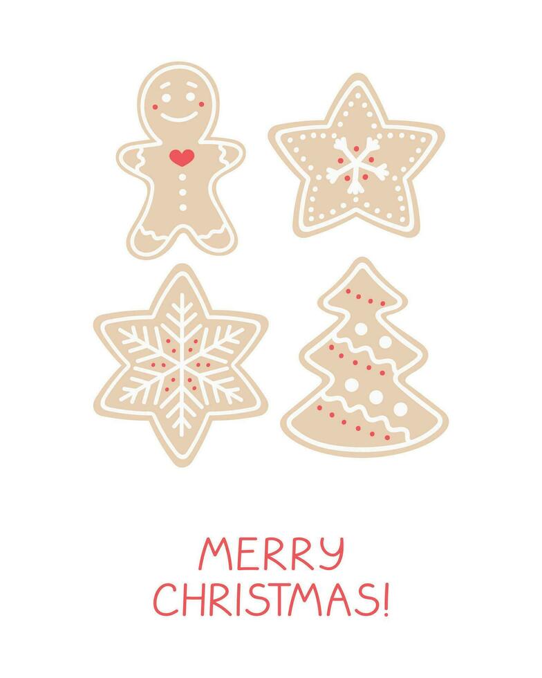 Holiday greeting card with gingerbread cookies. Vector illustration.
