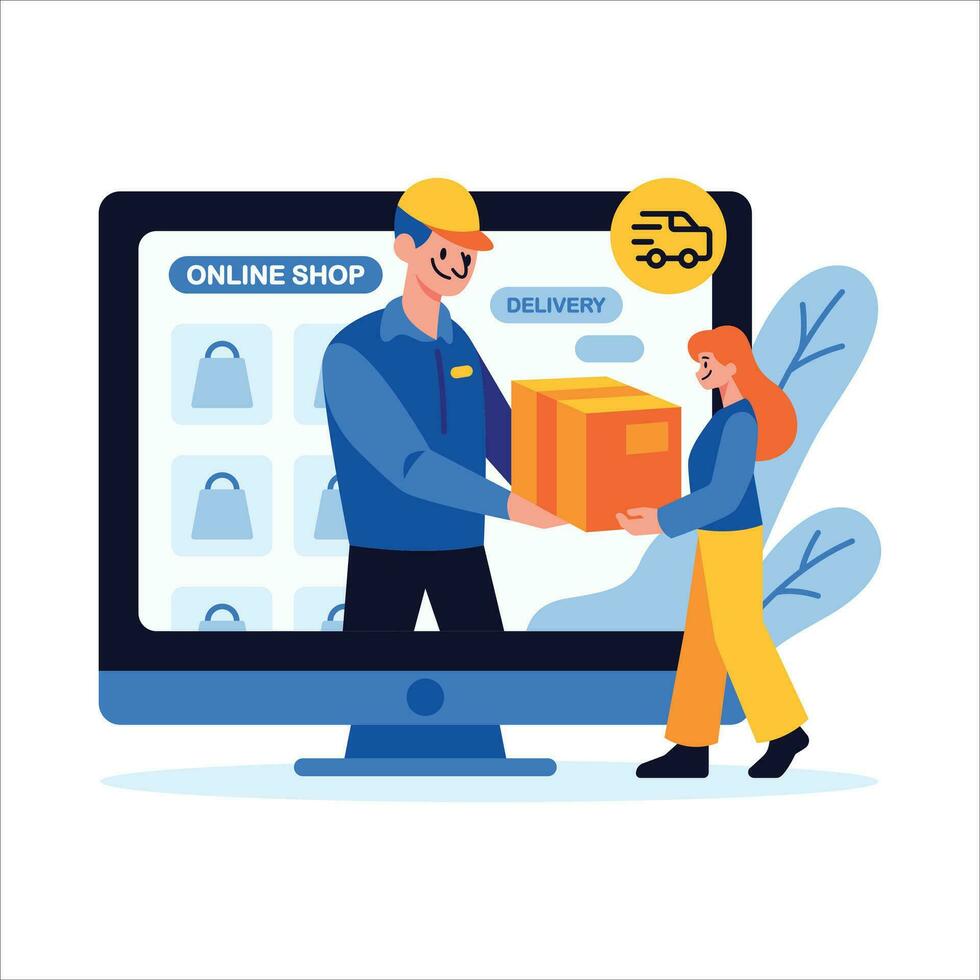 Customer Receives Product Box Through Screen Vector Illustration