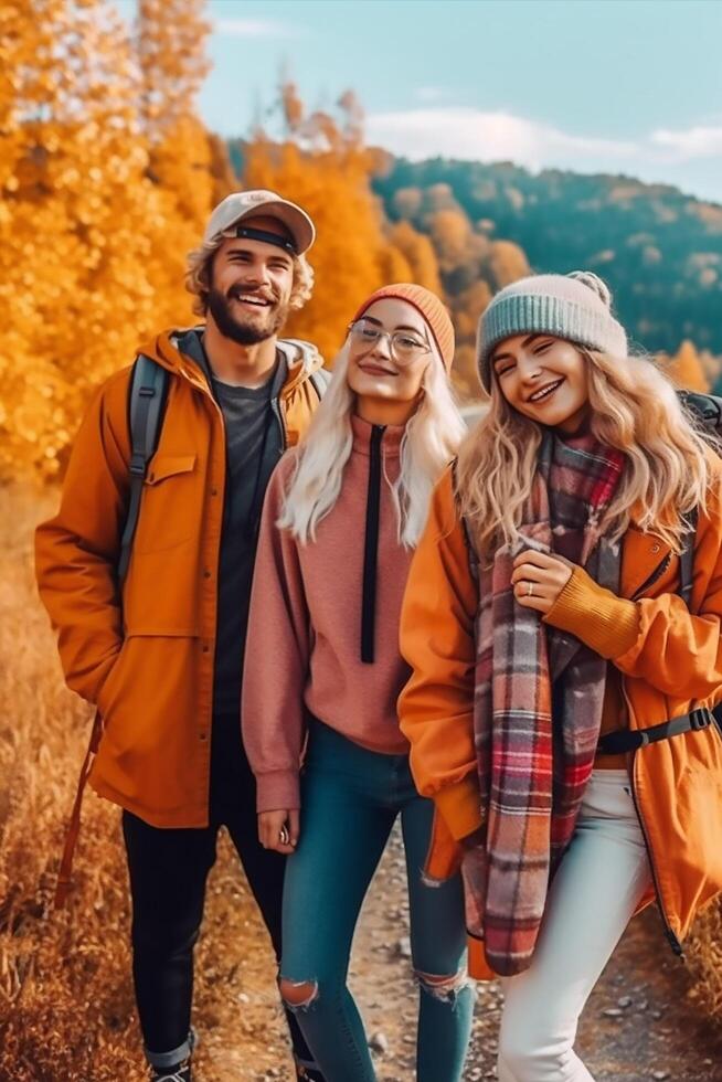 un grupo de gen z selfie en el parque ai generado foto