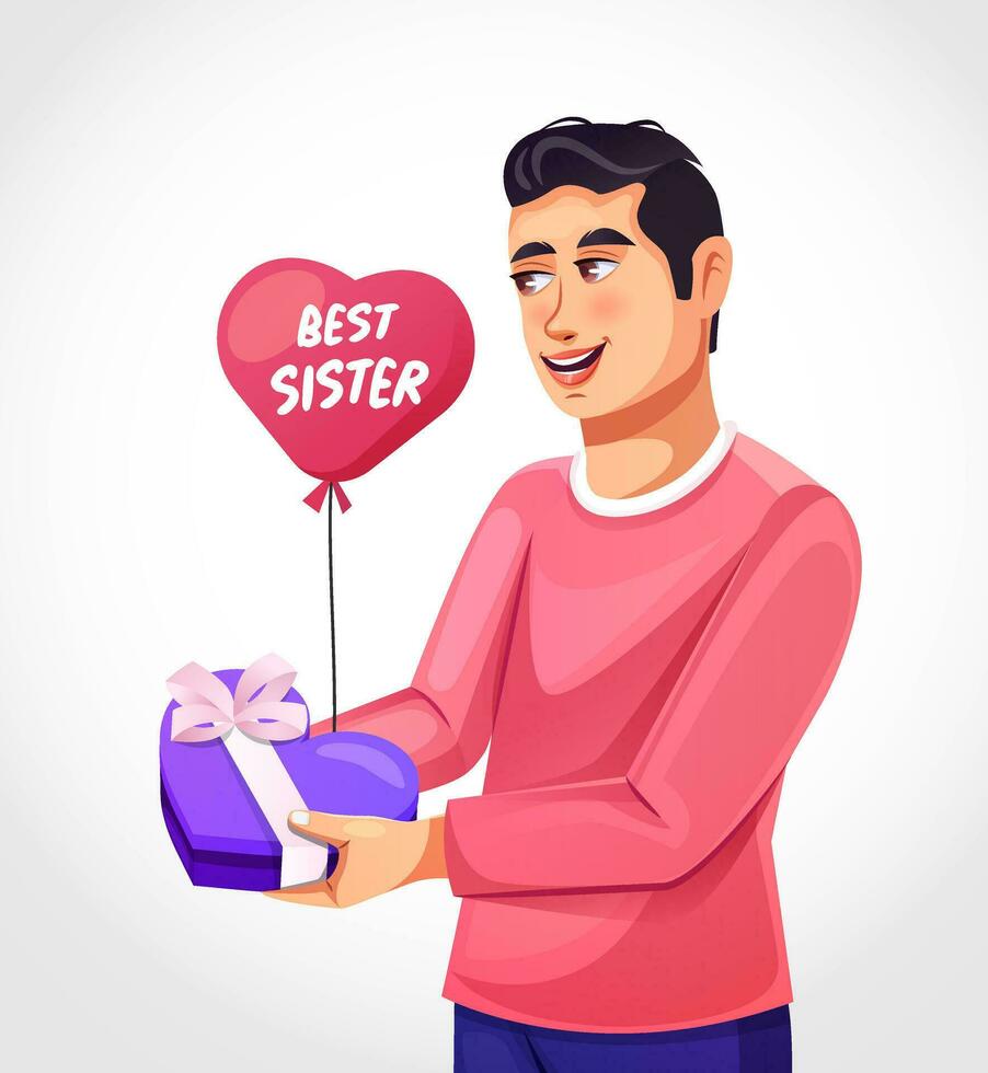 hermano dando un regalo a su hermana- chocolate caja y globo en el ocasión de hermana día vector