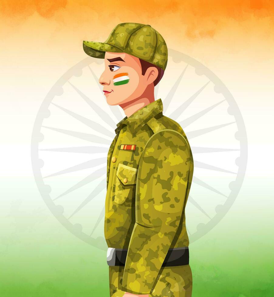 Editable vector illustration of the pride Indian Soldier in front of flag of India in background.