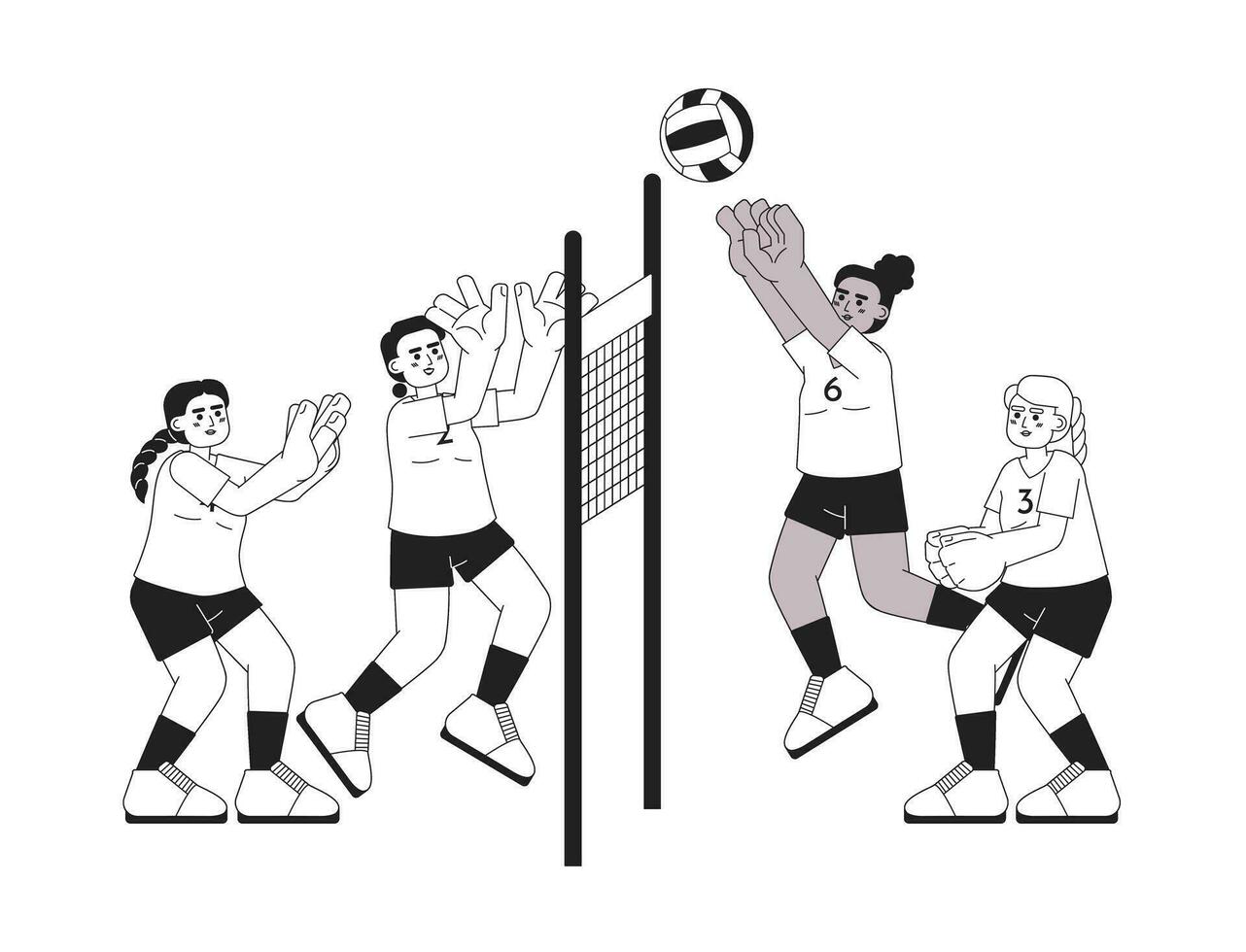 deportistas jugando vóleibol monocromo concepto vector Mancha ilustración. equipo. juego con pelota. campeonato 2d plano bw dibujos animados caracteres para web ui diseño. aislado editable mano dibujado héroe imagen