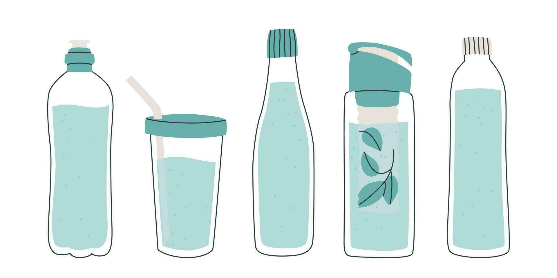 Reusable glass or plastic containers. Set of different water bottles. Take a water bottle with you. Vector isolated minimalistic illustration for design.