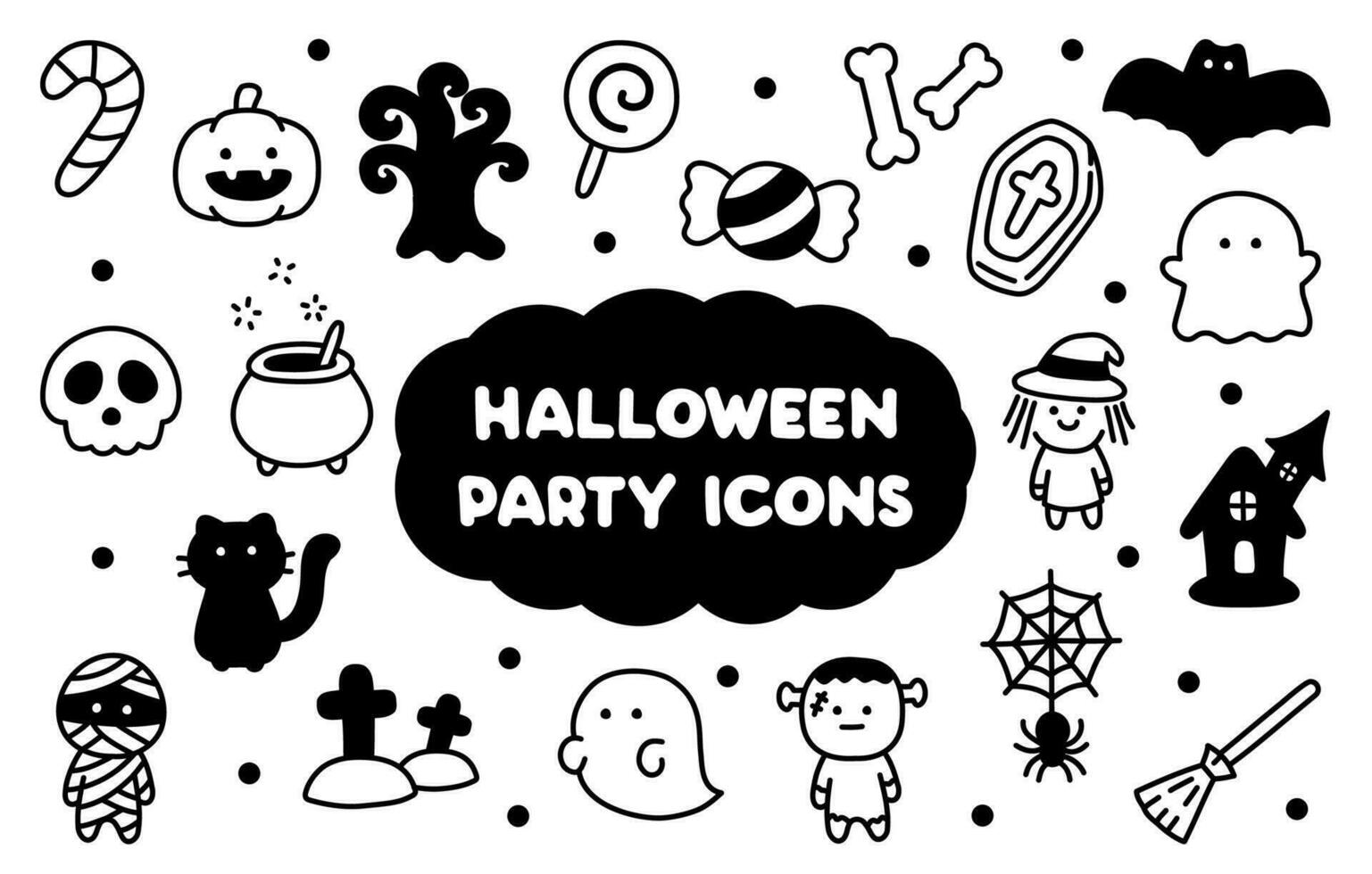 Doodle Hand-drawn Minimal Black and White Color, Cute Halloween Party Icons for Kids. vector