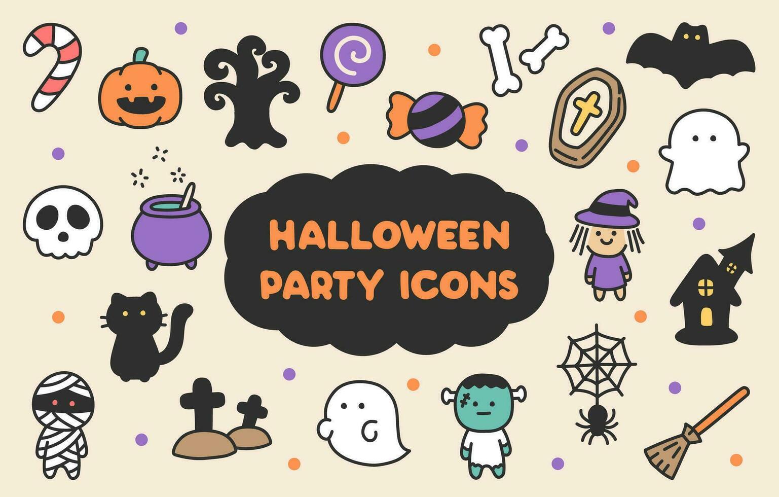 Doodle Hand-drawn Pastel Color, Cute Halloween Party Icons with Stroke for Children. vector