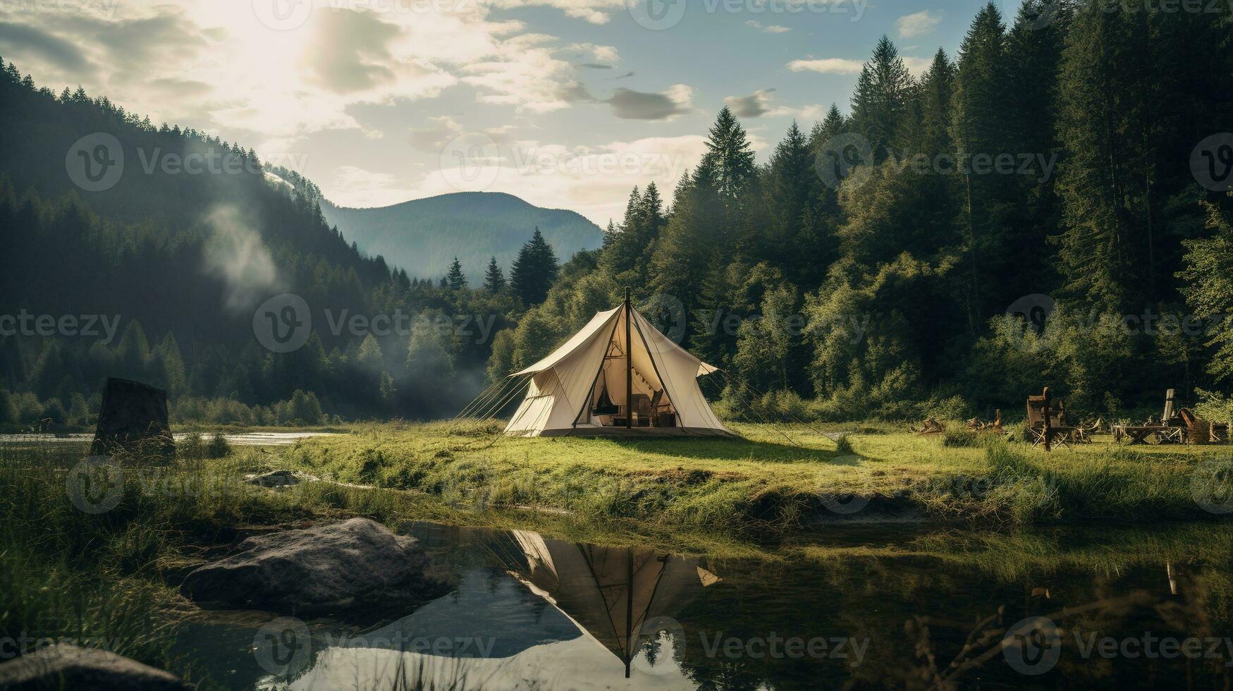 Generative AI, Camping outdoor concept near the lake or river, tourist camp on the beautiful green landscape with mountains photo