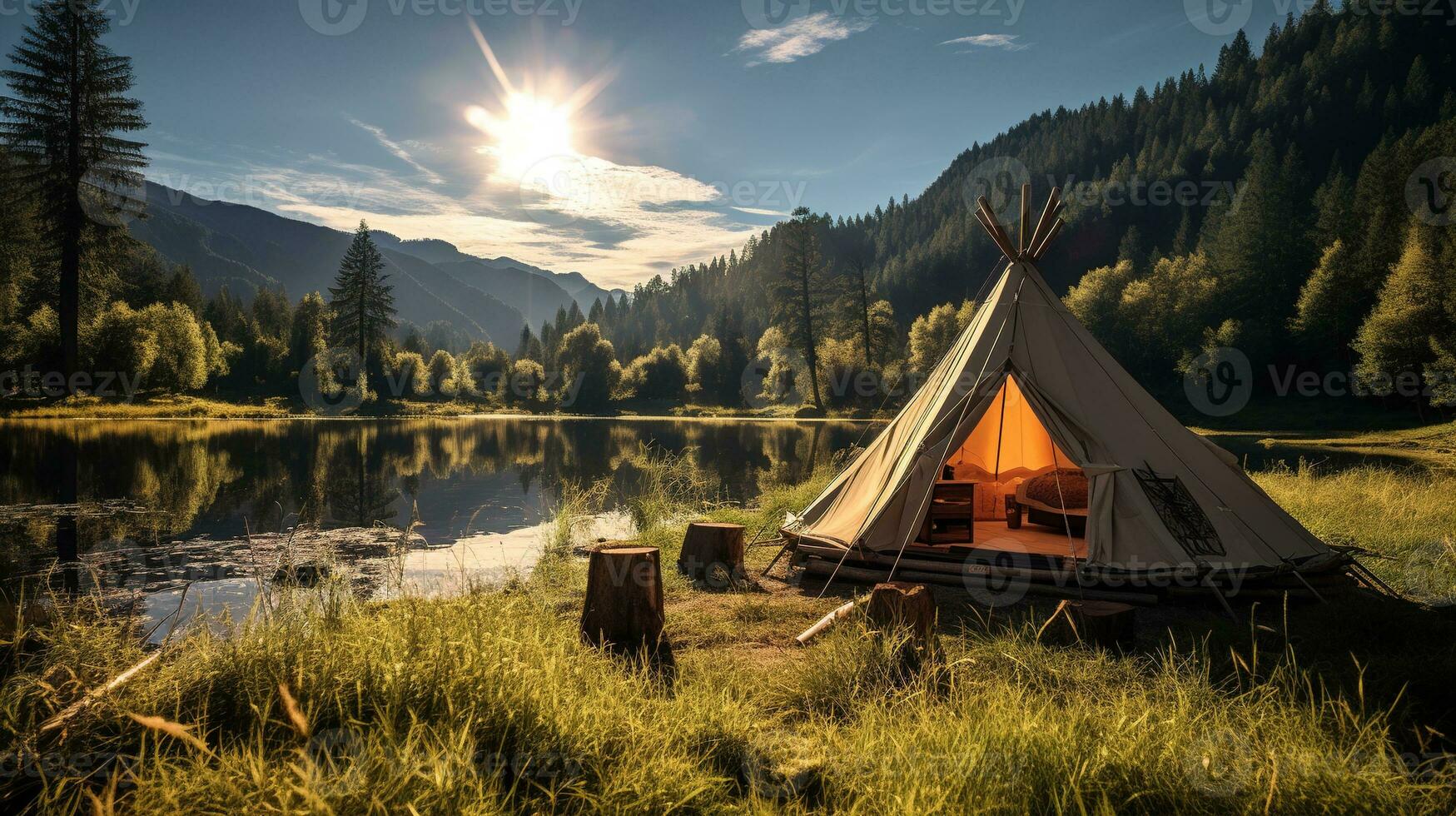 Generative AI, Camping outdoor concept near the lake or river, tourist camp on the beautiful green landscape with mountains photo