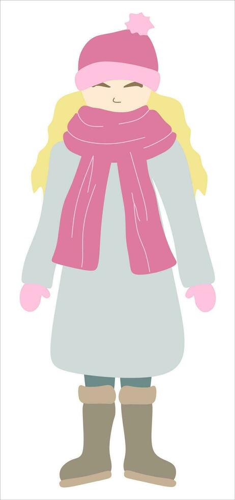 rubio plano niña en invierno ropa. calentar sombrero, bufanda, abrigo, mitones o guantes y botas. vector ilustración aislado en blanco antecedentes. joven mujer en hembra prenda. rosado color. linda diseño Arte.