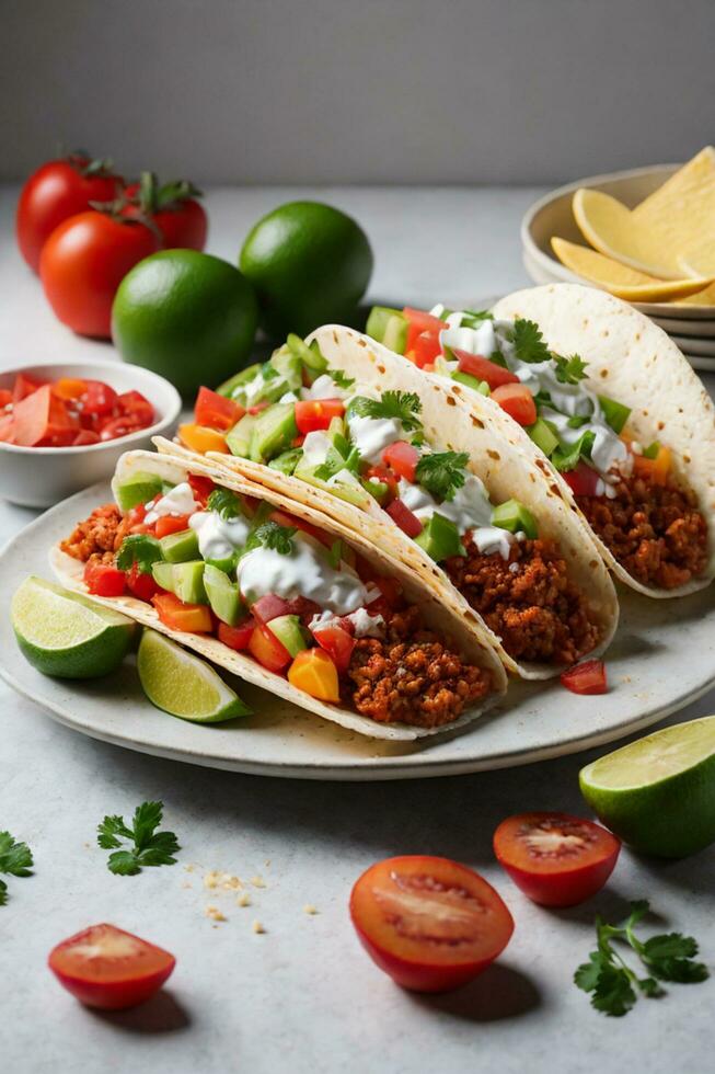 Tasty Tacos on White Background, AI Generated photo