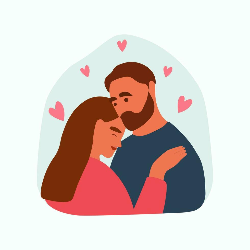 Happy man and woman hugging, hugging. Support and care in the love couple. Supportive romantic relationships, tenderness, trust concept. Vector illustration