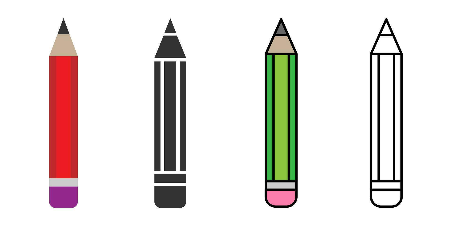 Pencil icon. School pencil in flat, line and colorful styles. Different style icons set. Isolated Symbol, logo illustration vector
