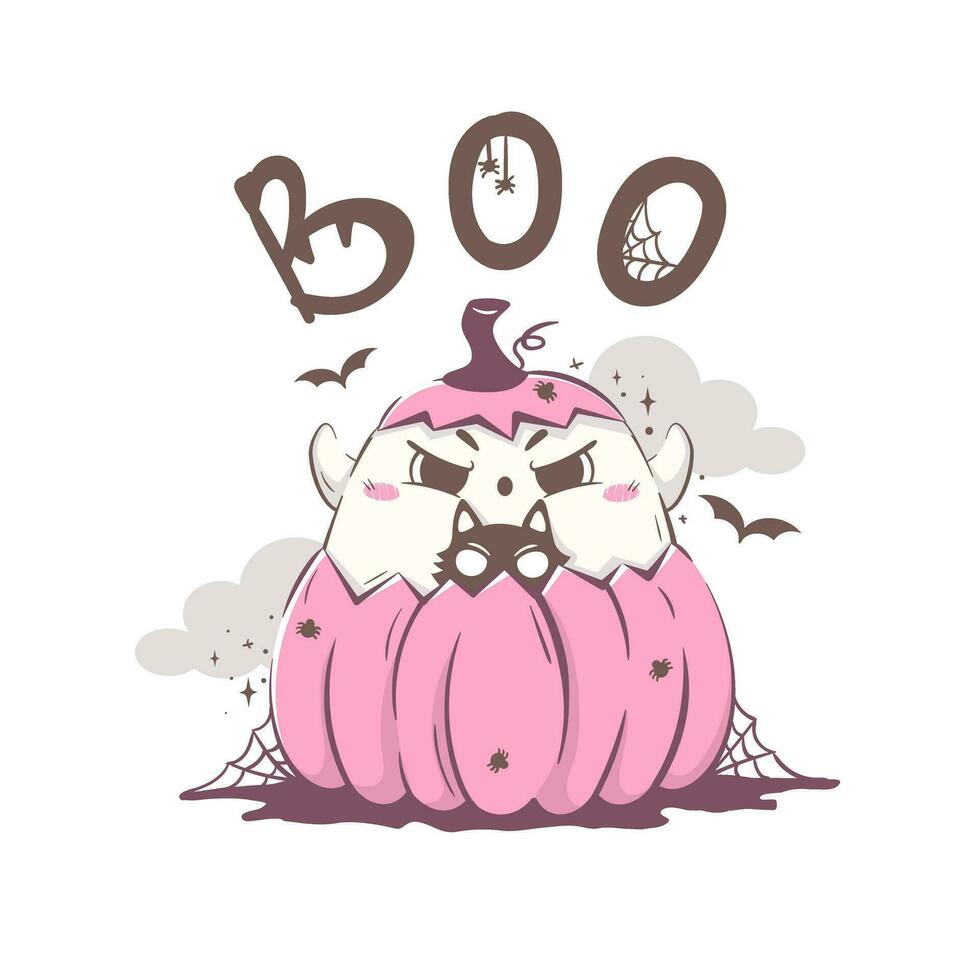 cute cartoon ghost hid in a pumpkin with a cat trying to scare. Halloween character  illustration vector