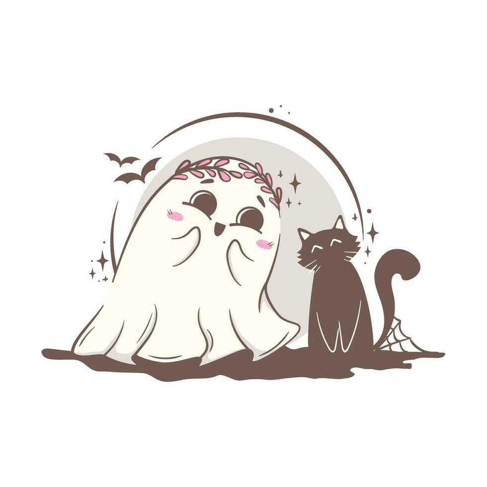 linda dibujos animados fantasma es tocado por un gato cercano. Víspera de Todos los Santos personaje vector ilustración.