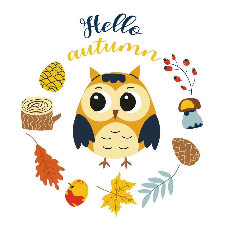 Hello autumn. Cartoon owl, hand drawing lettering. Card with leaves, autumn elements and cute forest animal on white background.Design for cards, print, poster. vector