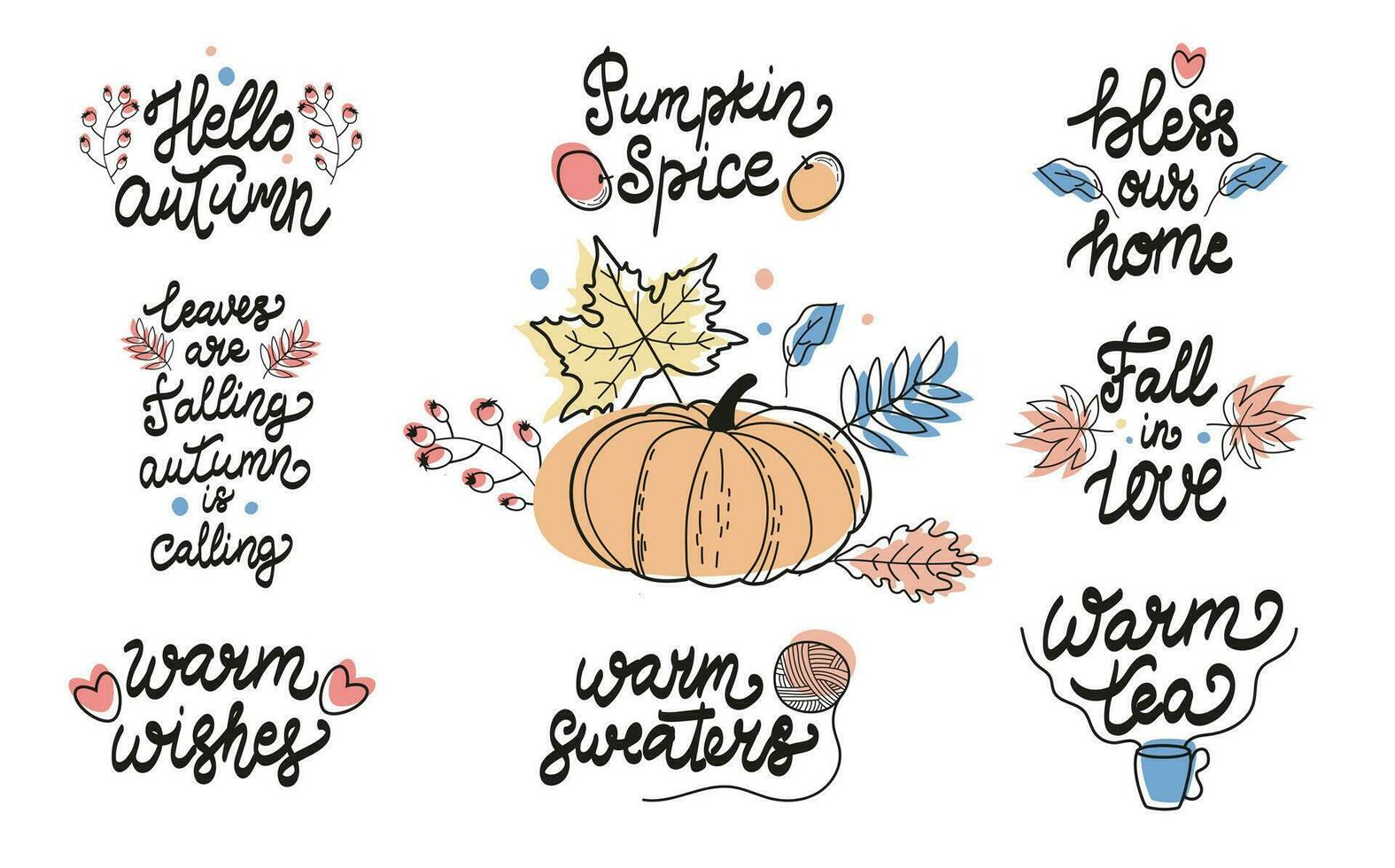 Set of autumn quotes, hand lettering inscription text, fall calligraphy collection. Big set of autumn quotes isolated on white background. vector