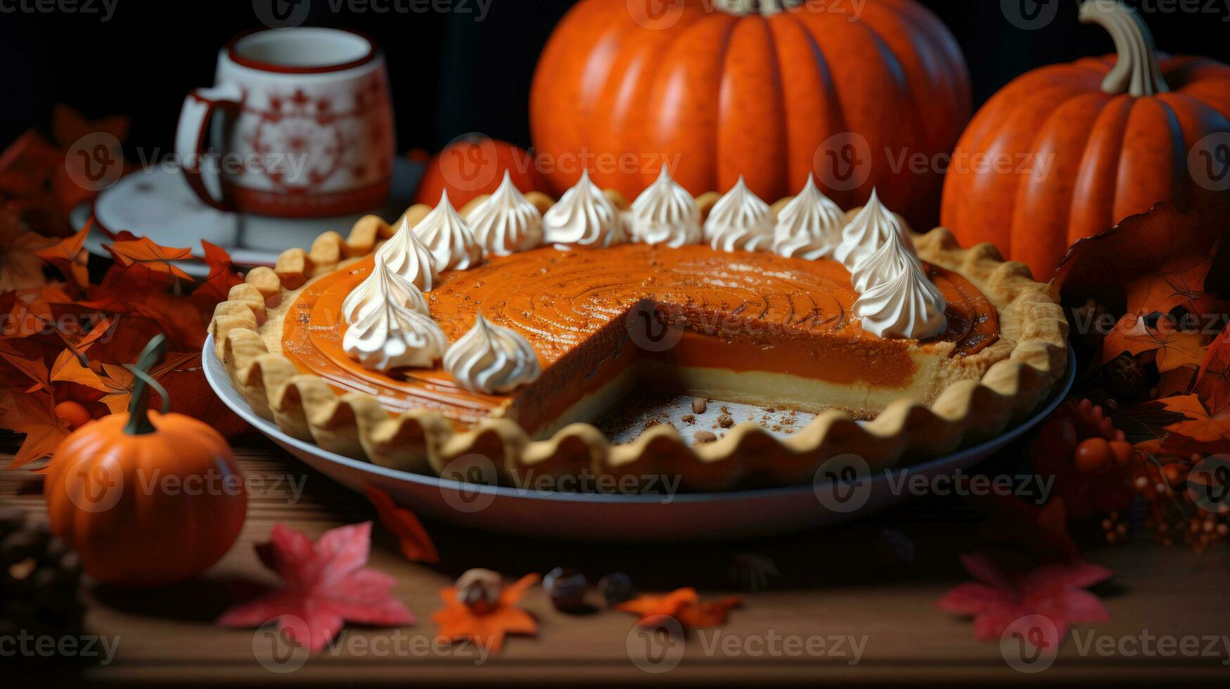 Pumpkin pie with whipped cream and cinnamon on rustic background photo