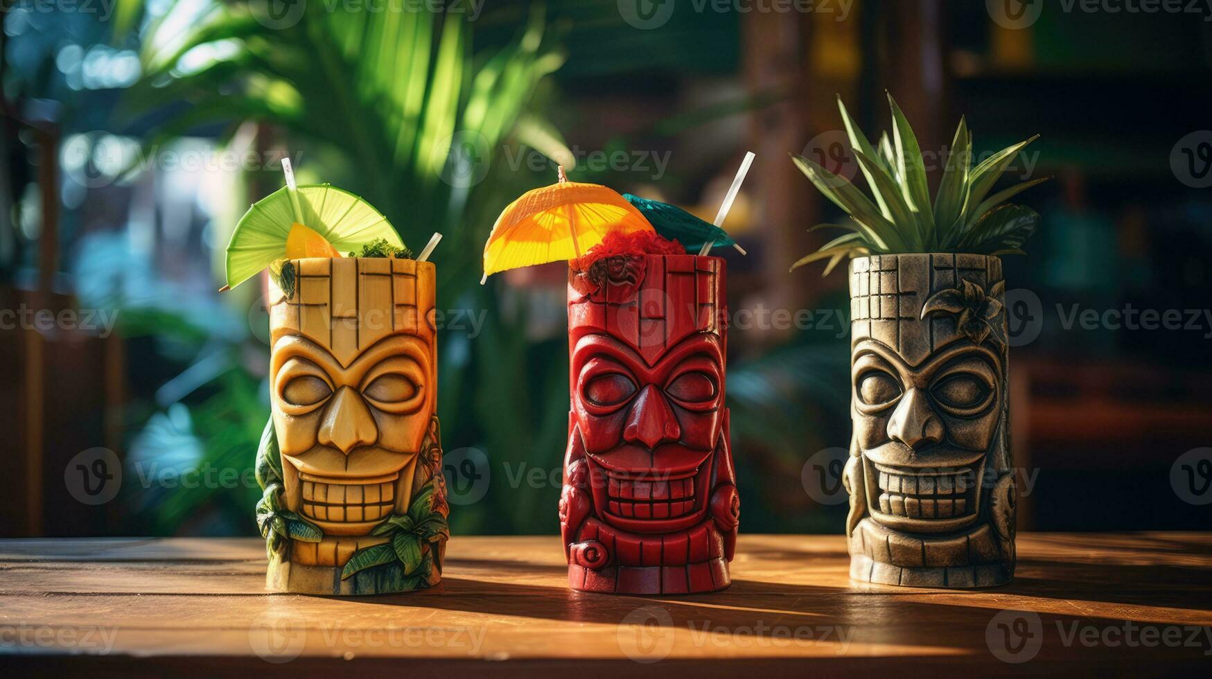 Summer refreshing tiki cocktails on the background of a bar counter photo