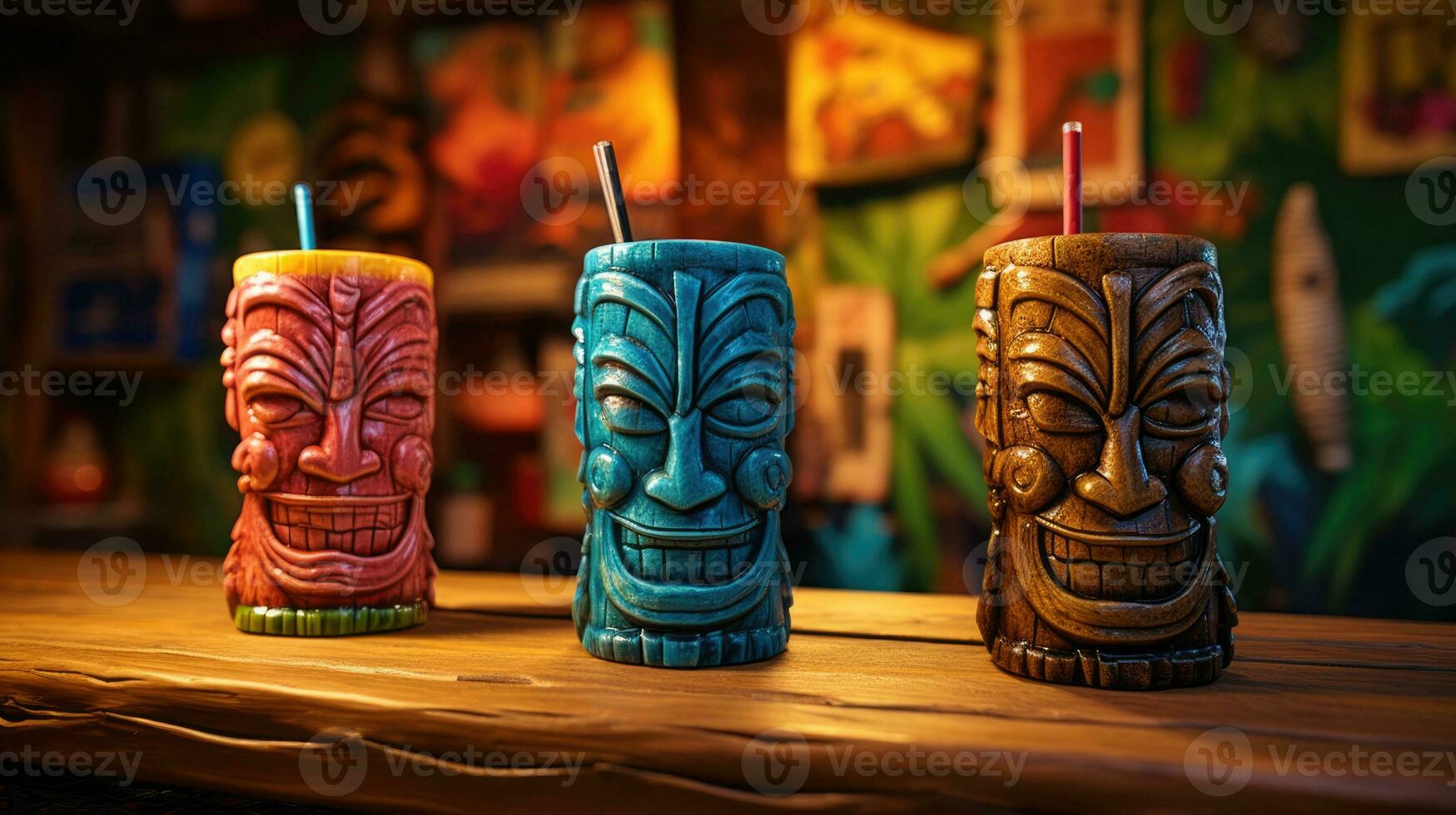 Summer refreshing tiki cocktails on the background of a bar counter photo