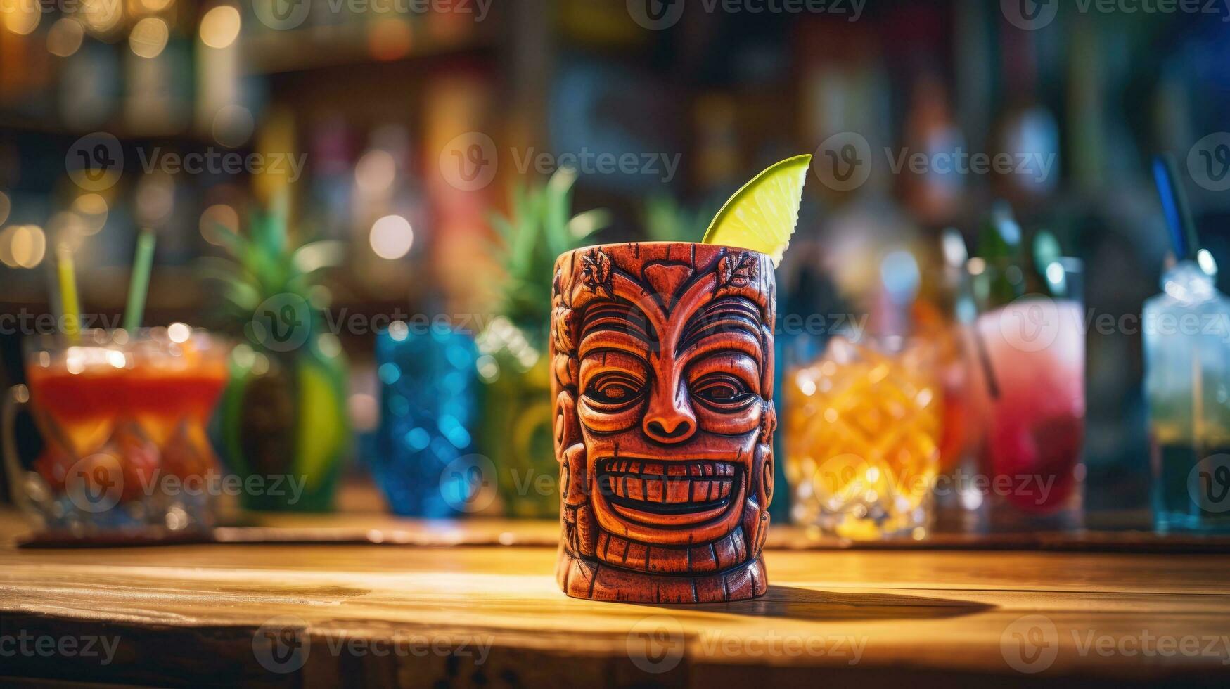 Summer refreshing tiki cocktail on the background of a bar counter photo