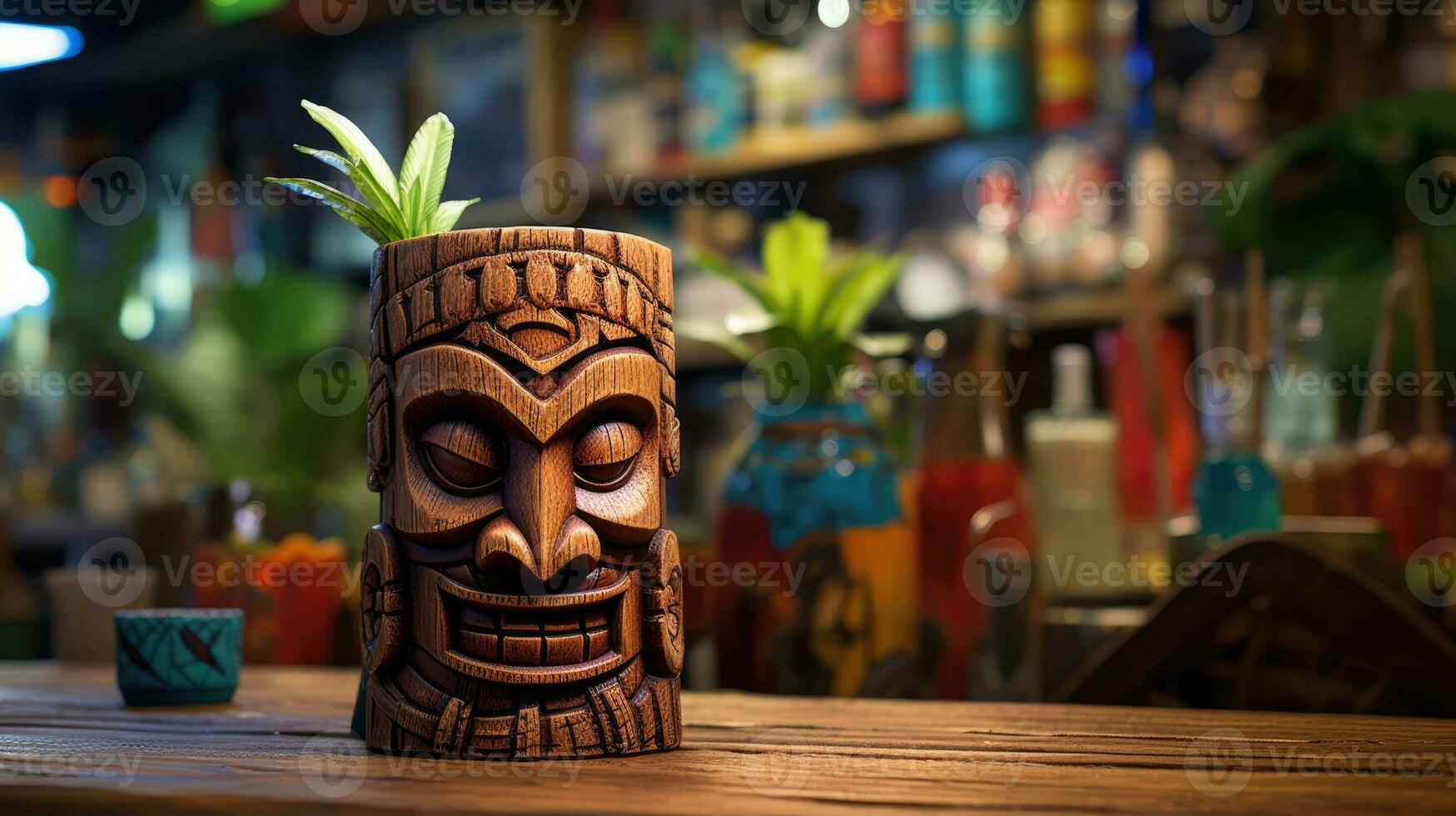 Summer refreshing tiki cocktail on the background of a bar counter photo