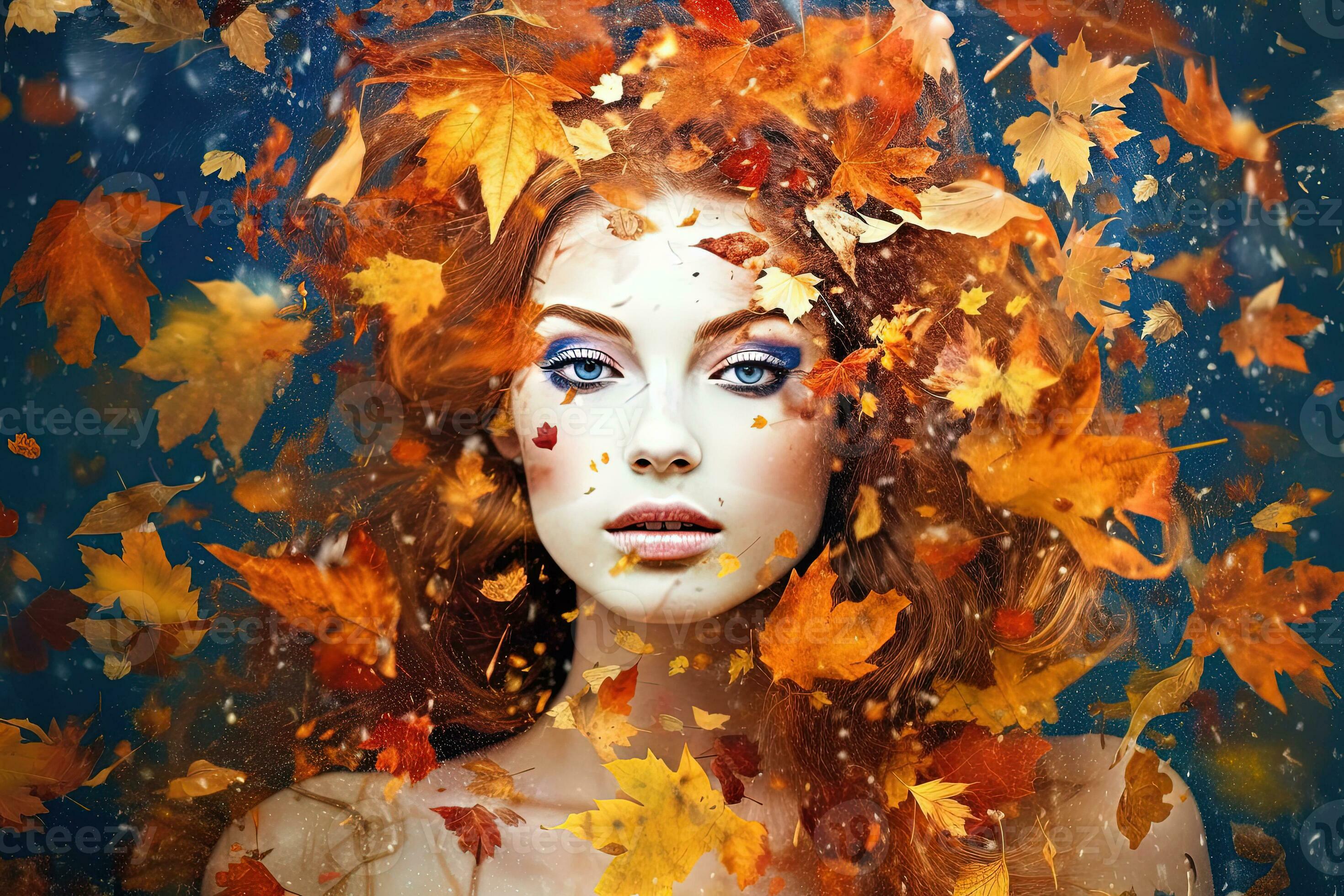 Woman with autumn leaves wreath. Portrait of girl in dreamy fall mood ...