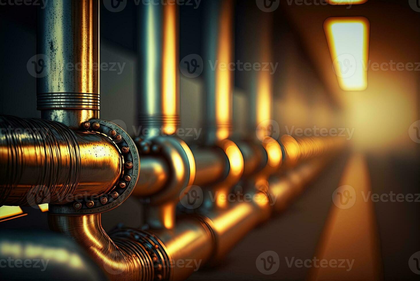 Background with shiny factory pipes. Industrial pipeline communications, technology abstract. Generated AI. photo