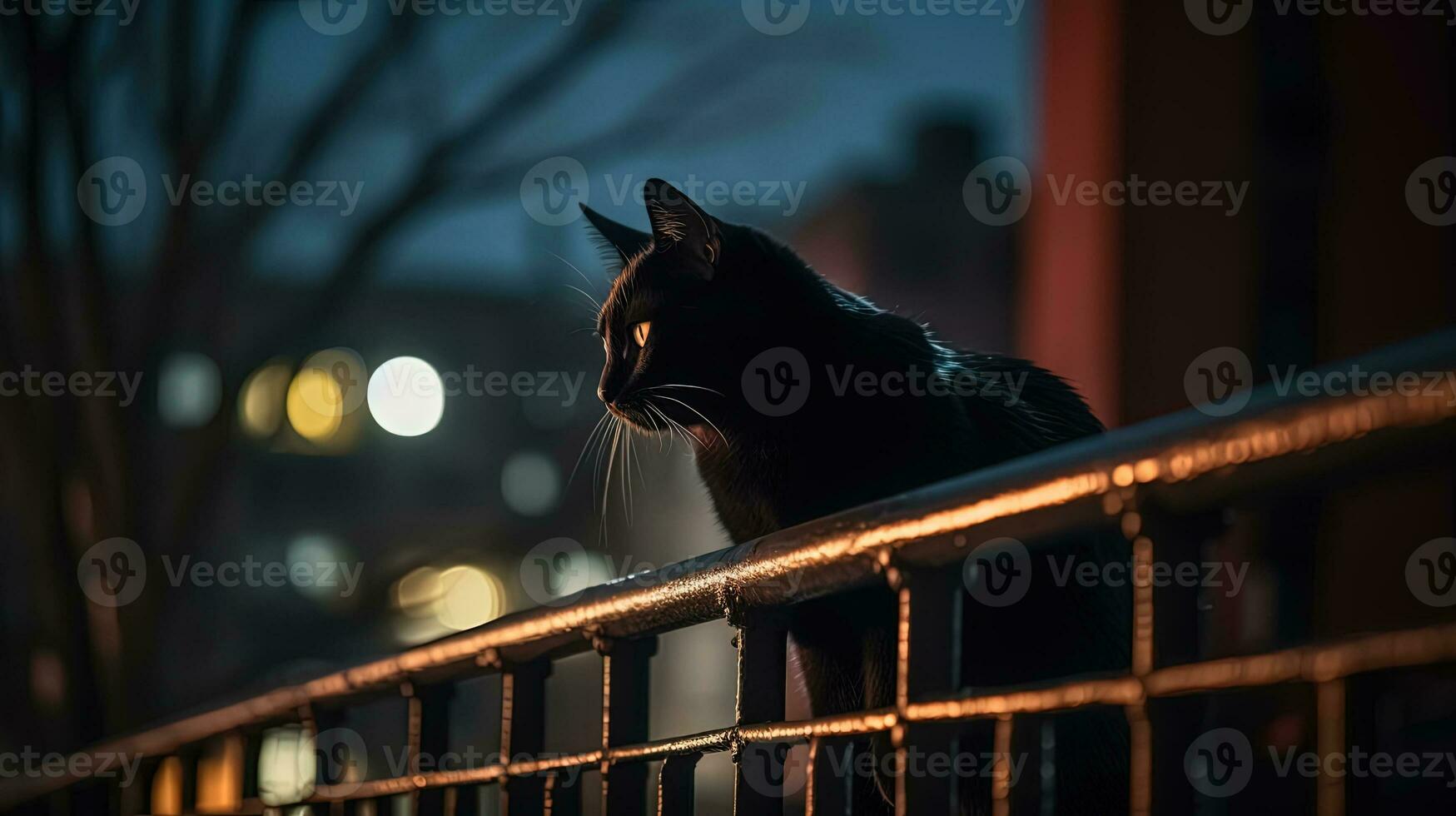 Black cat sitting on a railing at night, in the style of life in New York city. Generated AI. photo