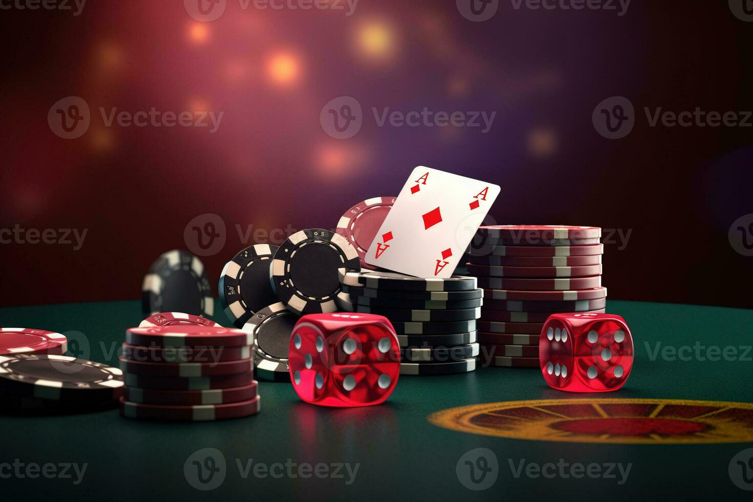 Casino concept with abstract gambling objects. Dark casino room with roulette, cards and dices. Generative AI. photo