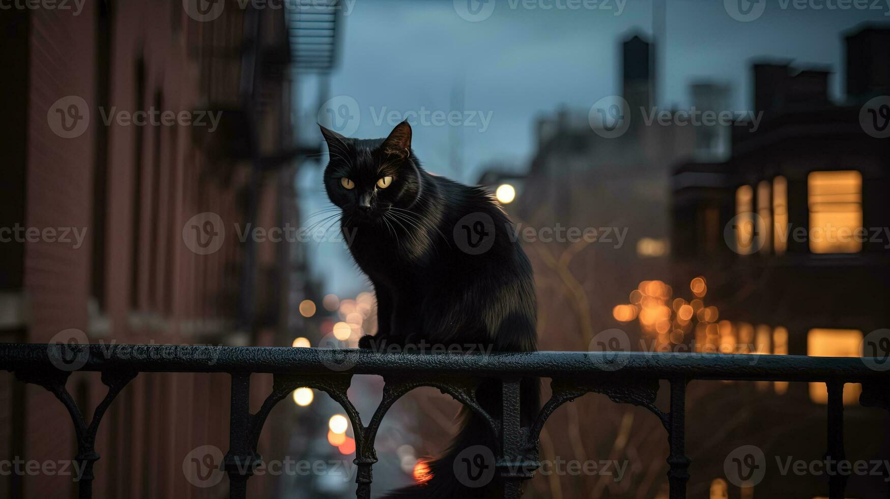 Black cat sitting on a railing at night, in the style of life in New York city. Generated AI. photo