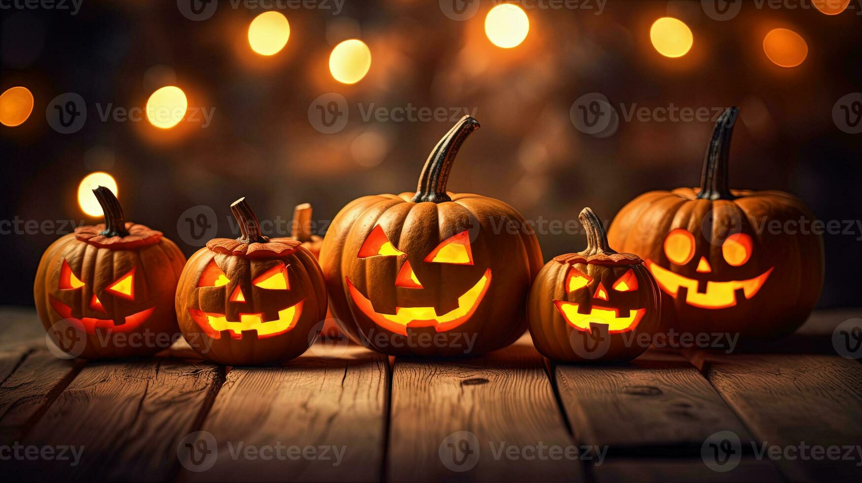 Halloween pumpkins row on the wooden floor. Jack O Lantern parade for Halloween holidays. Generated AI. photo