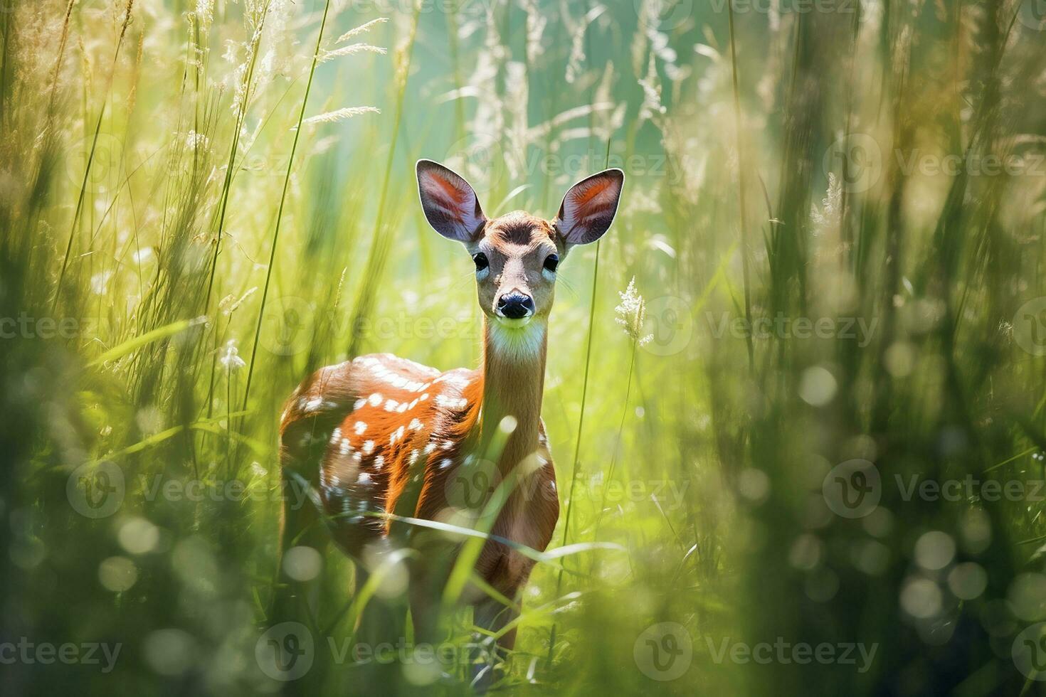 A deer is standing in the tall grass The sun shone on jungle AI Generated Image photo