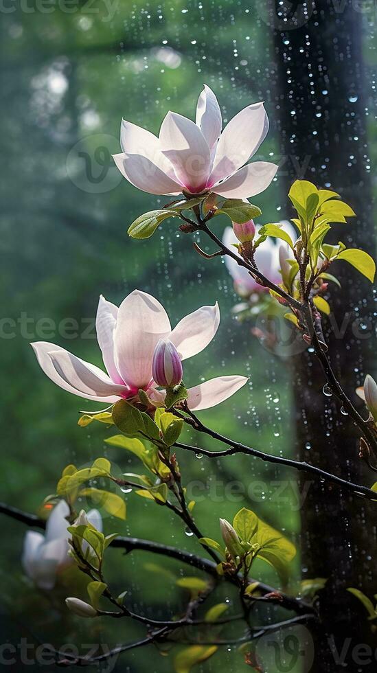 Wild magnolia after rain in the forest AI Generated Image photo