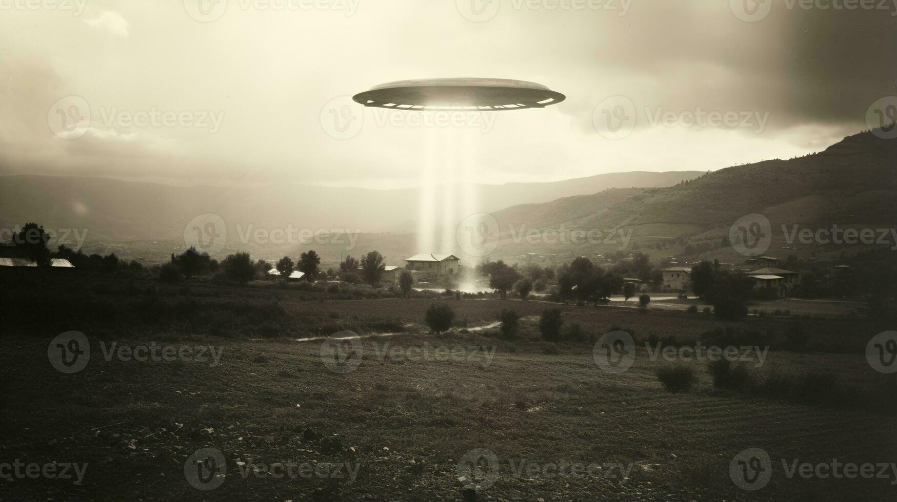 Generative AI, UFO over the Italian landscape vintage photo, aliens witnesses retro 1930s style photography photo