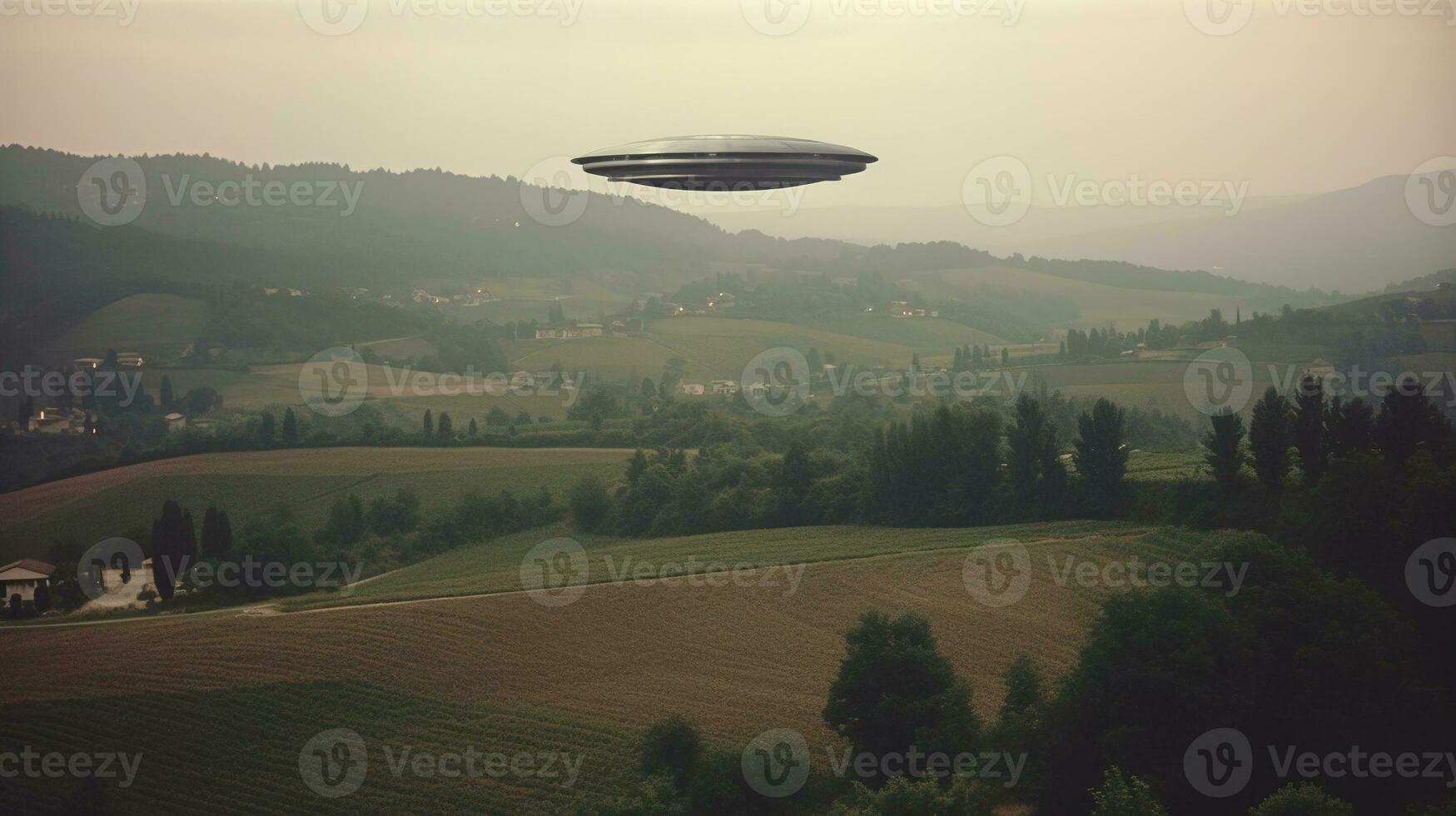 Generative AI, UFO over the Italian landscape vintage photo, aliens witnesses retro 1930s style photography photo