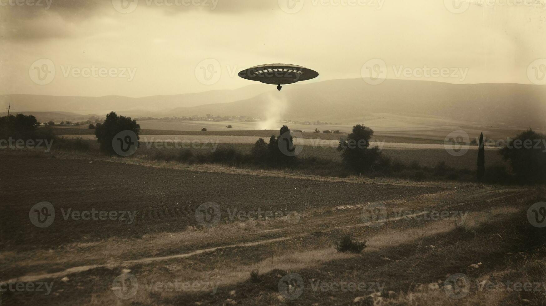Generative AI, UFO over the Italian landscape vintage photo, aliens witnesses retro 1930s style photography photo
