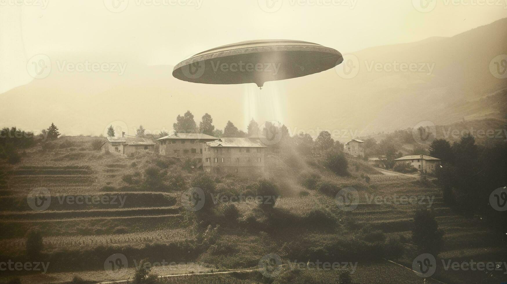Generative AI, UFO over the Italian landscape vintage photo, aliens witnesses retro 1930s style photography photo